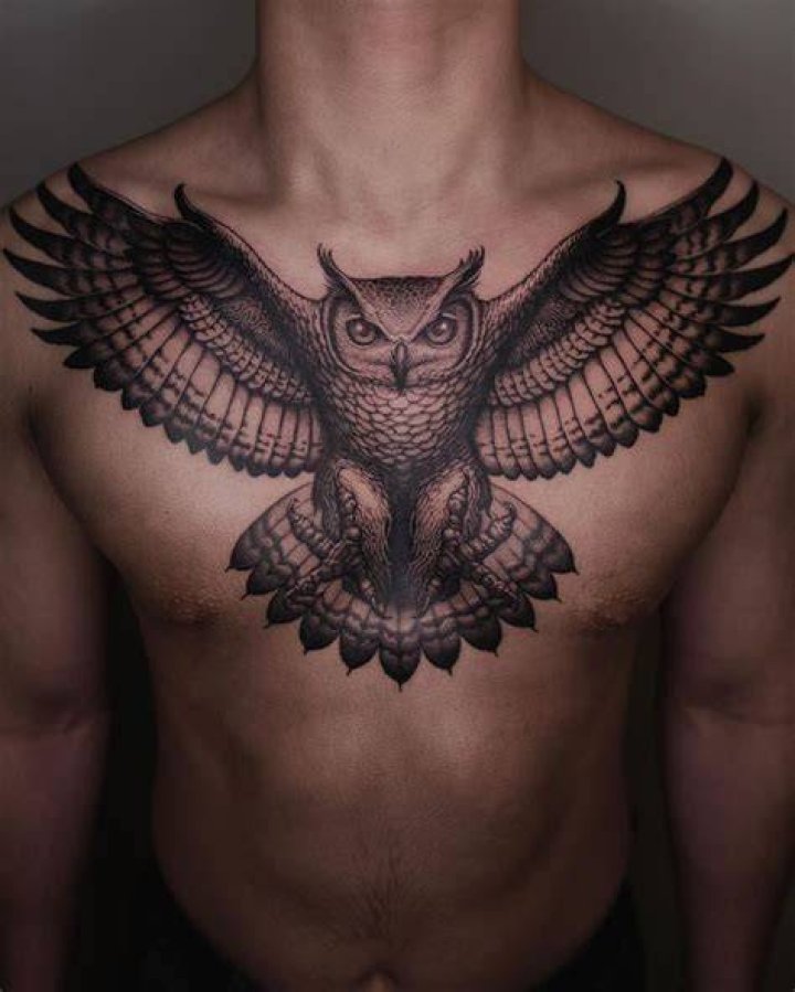 Chest Male Owl Flying Tattoo