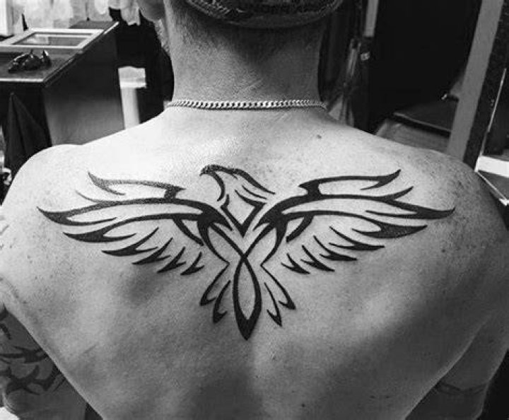 Decorative Tribal Eagle Male Back And Shoulder Tattoos