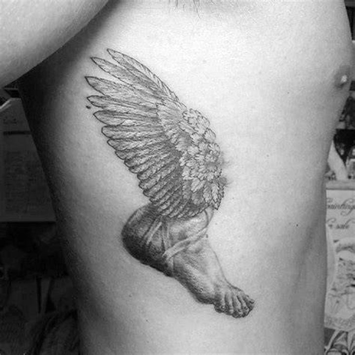 Mens Wing Foot Hermes Rib Cage Side Tattoos