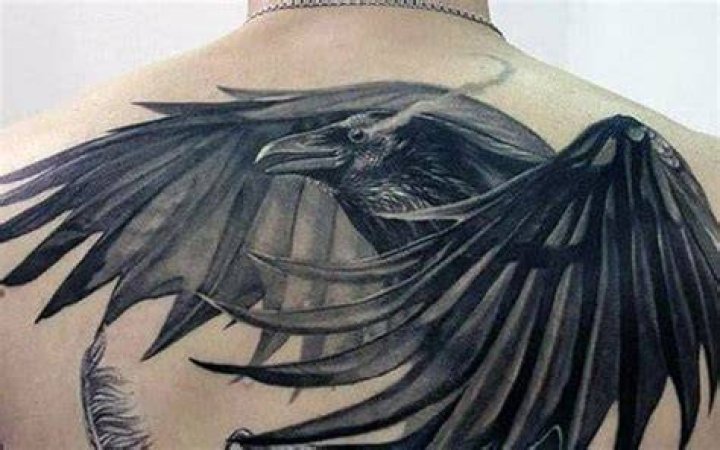 Raven 3D Tattoo With Angel Feather On Back For Men